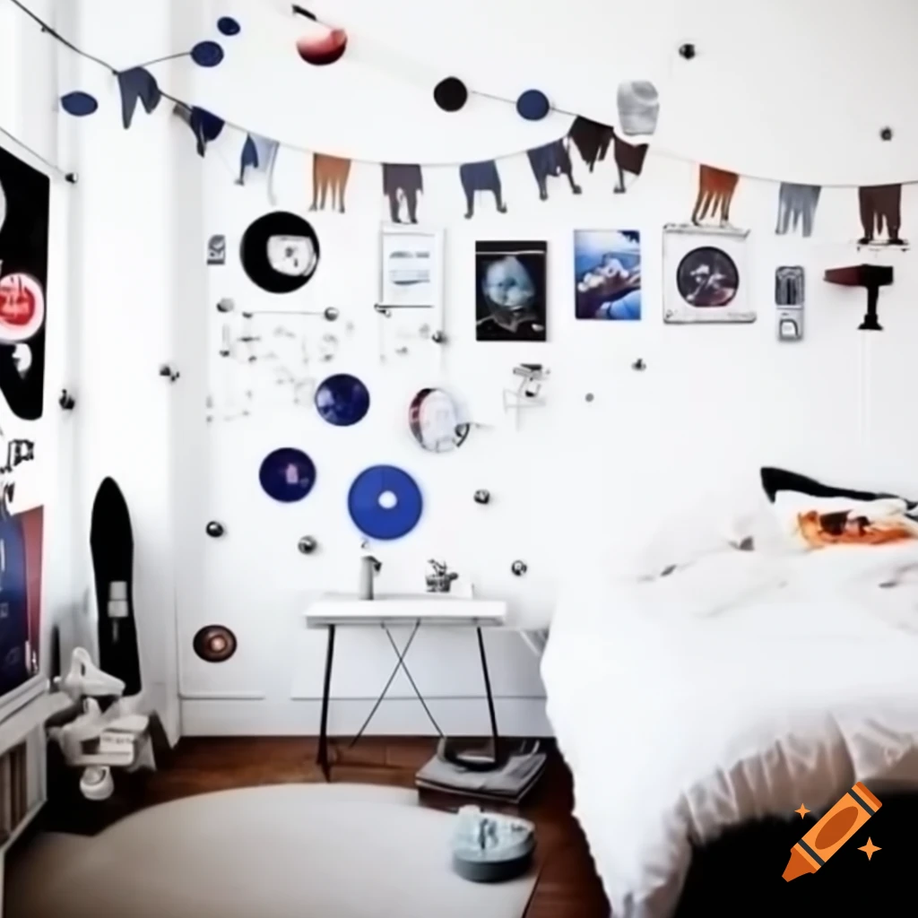 Space themed bedroom with white walls and NASA decorations