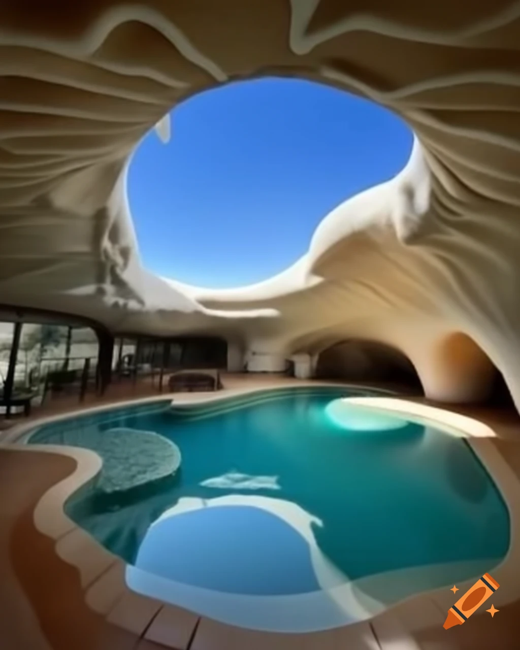 Pool inside mushroom house with crystal clear sky blue water, hyper realistic