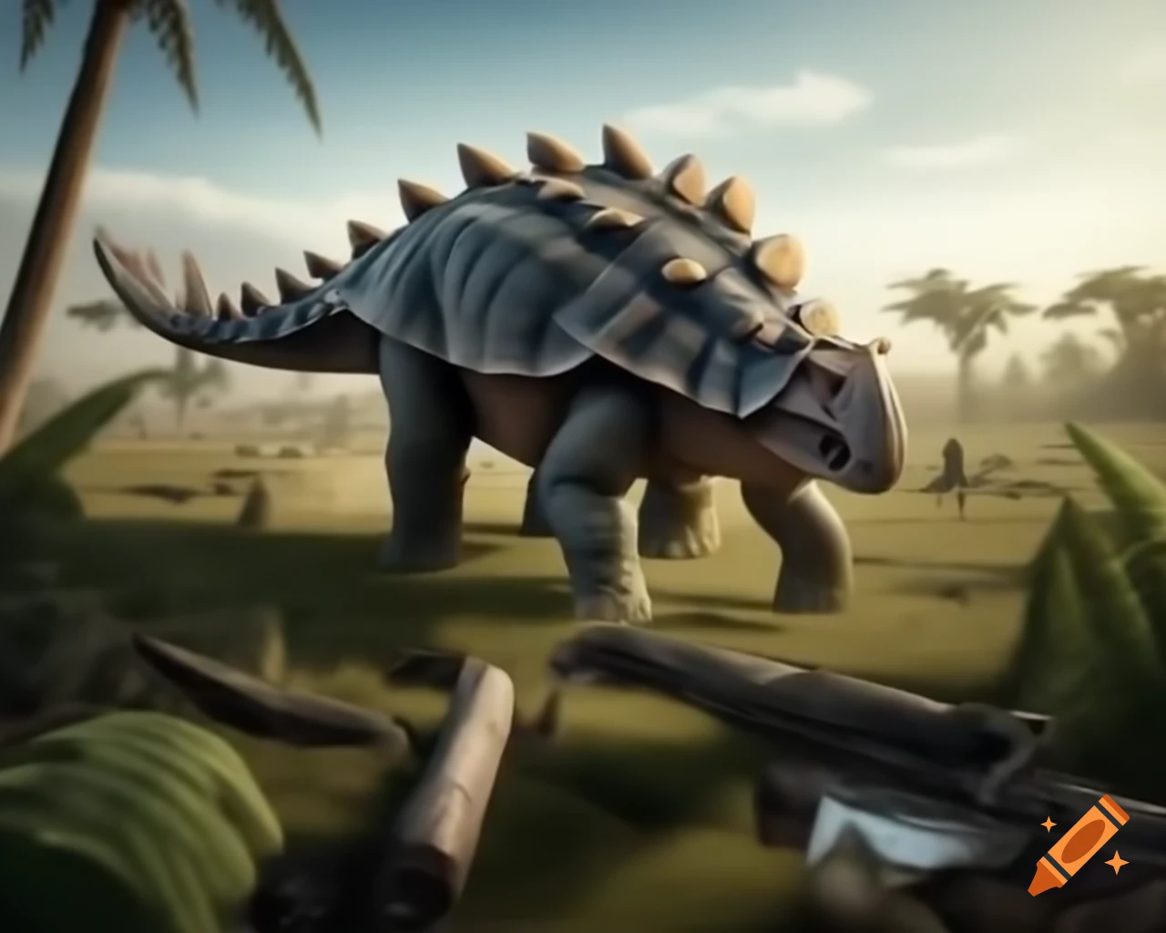 Ankylosaurus walking in prehistoric fern prairie with Diplodocus in the background