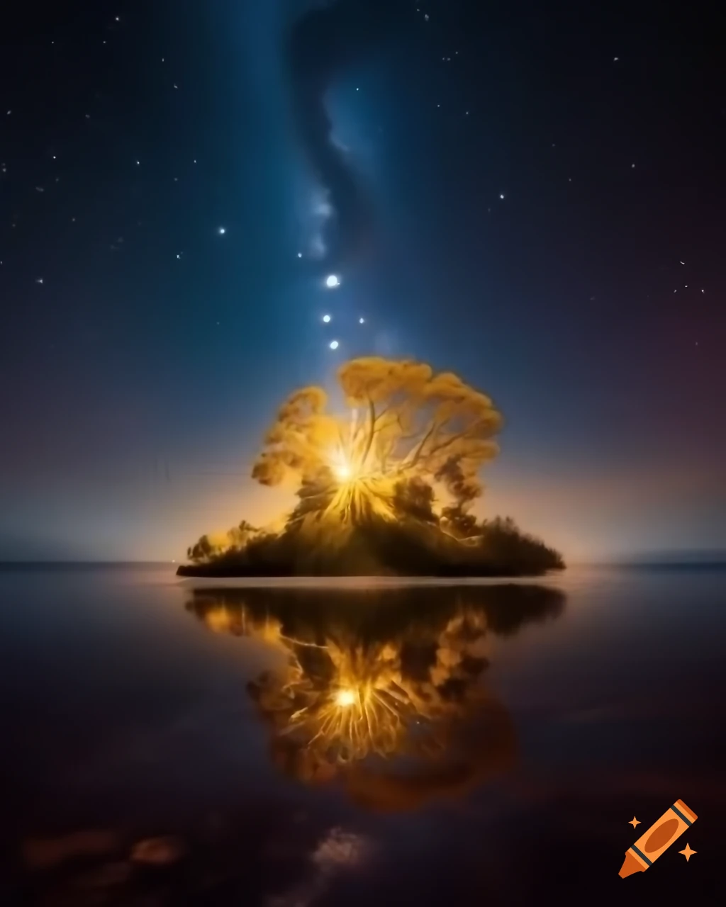 Fantasy scene of yellow stars around a sky island and glowing world tree