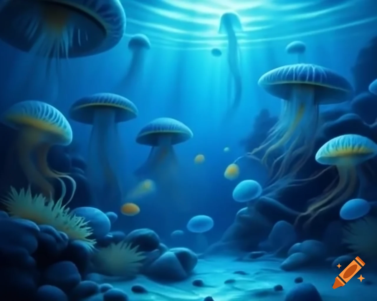 Hyper realistic lake with crystal blue water, stones, corals, and jellyfish