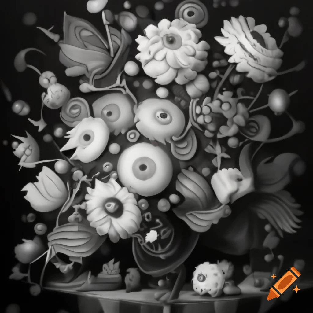 Surreal mezzotint drawing of flowers in steampunk baroque style