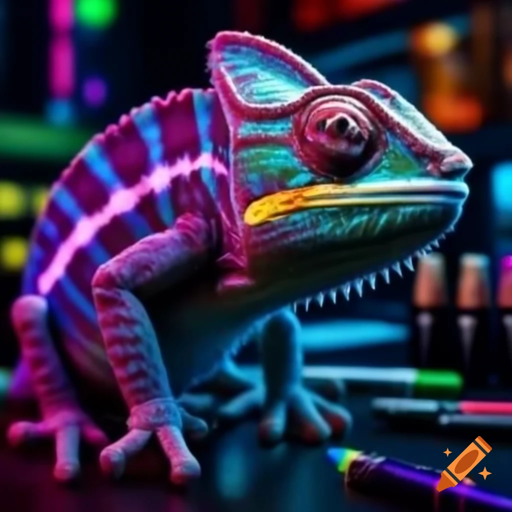 Chameleon with neon colored skin in front of neon highlighter pens