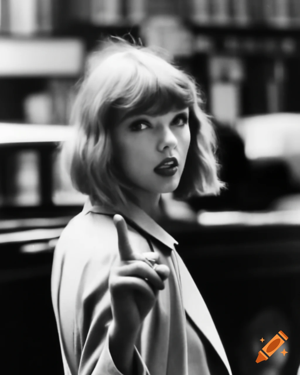 Vintage paparazzi photo of actress resembling Taylor Swift making peace sign in 1960s street