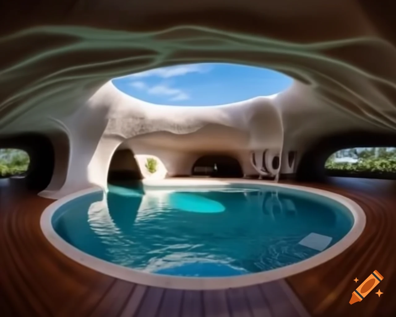 Interior of mushroom house featuring a pool with clear blue water