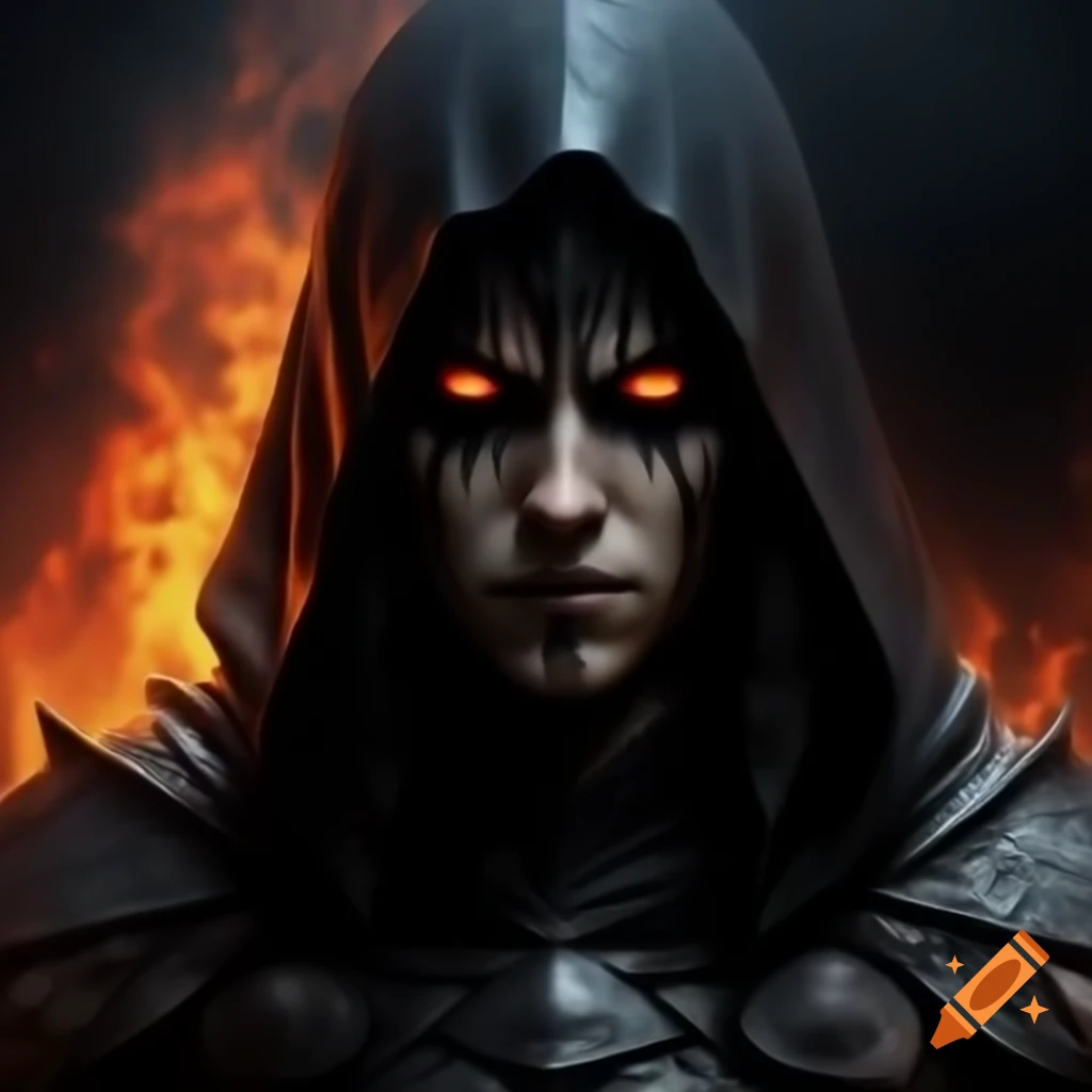 Dark warrior in black hood against inferno hellscape