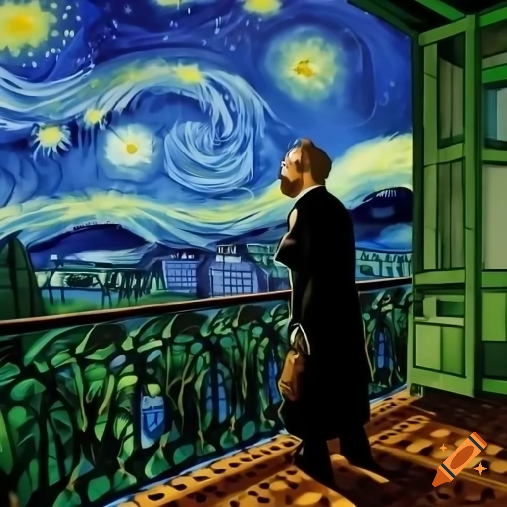 Van Gogh on palace balcony overlooking houses