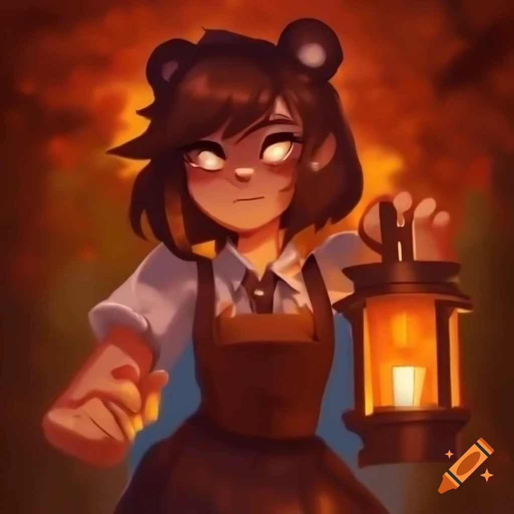 Pixel art character portrait of girl with bear ears and lantern in autumn colors