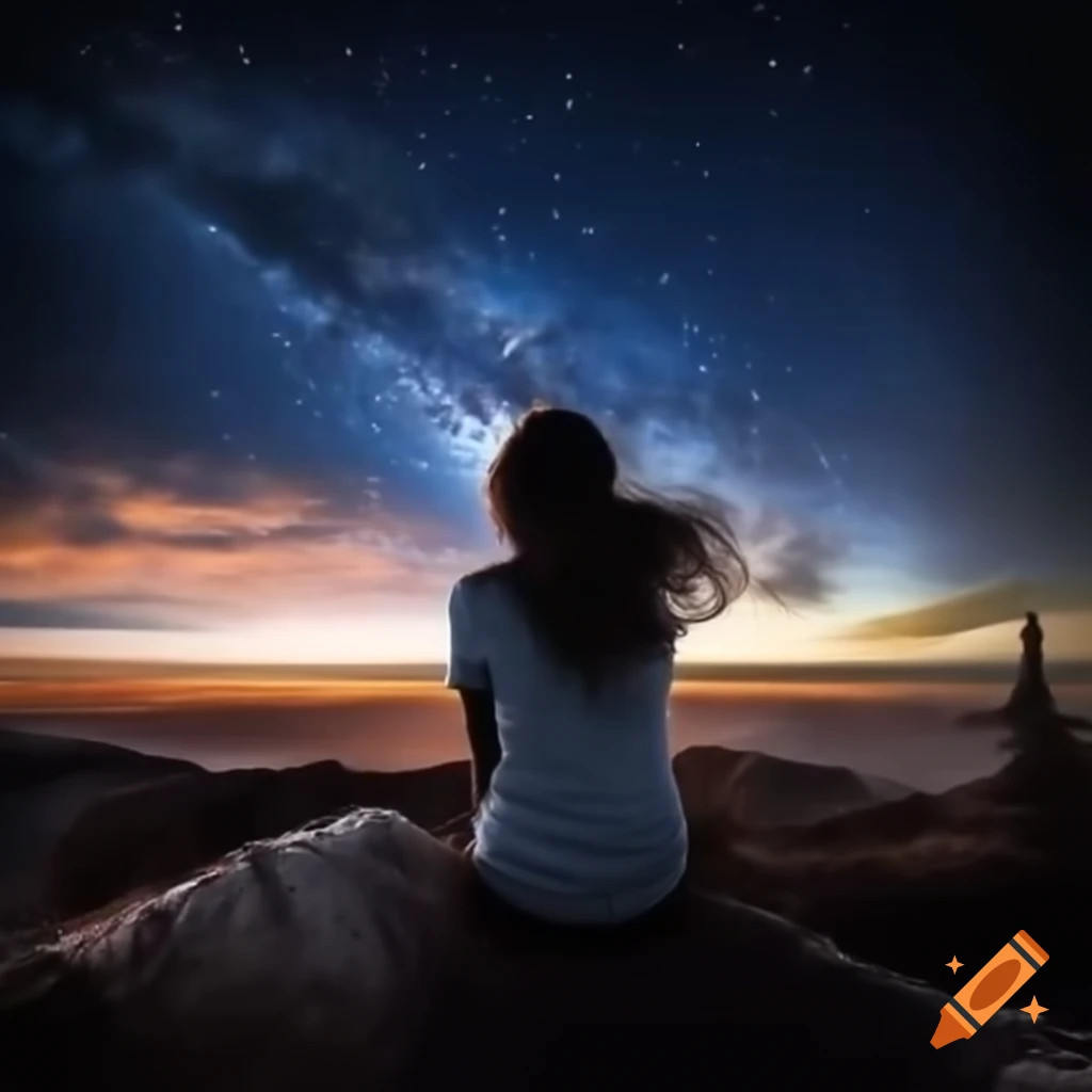 Woman gazing at night sky with shooting star