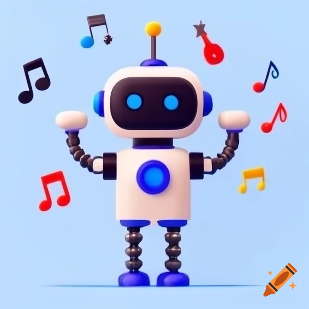 Flat cartoon of a robot composing music