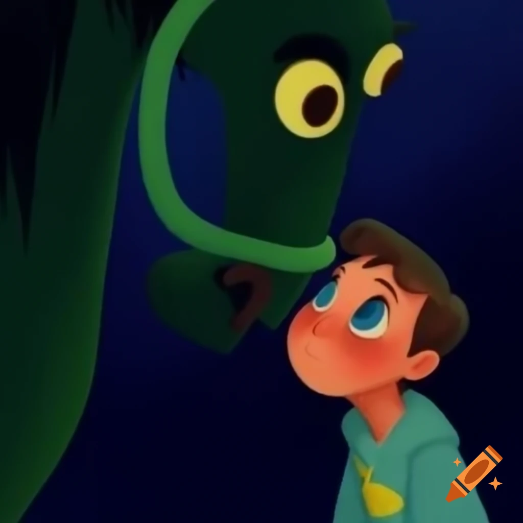 Child mesmerized by horse's celestial eyes in Disney's Jungle Book art style