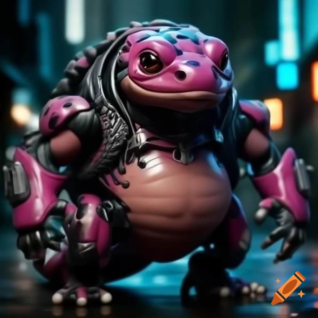 Chubby anthropomorphic salamander cyborg with laser pistol in cyberpunk city