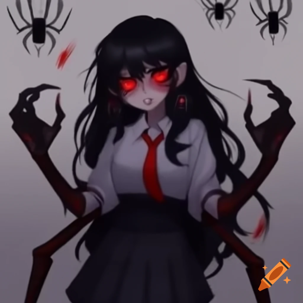 Anthropomorphic spider character with four arms, long black hair, blood red eyes, and spider web decorated outfit