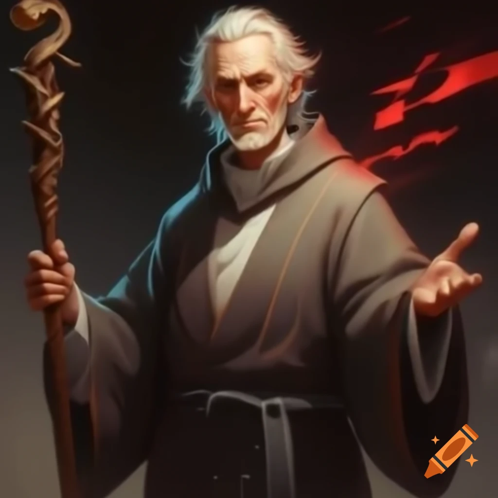 Fantasy priest character with holy light, staff, and simple brown and white robe