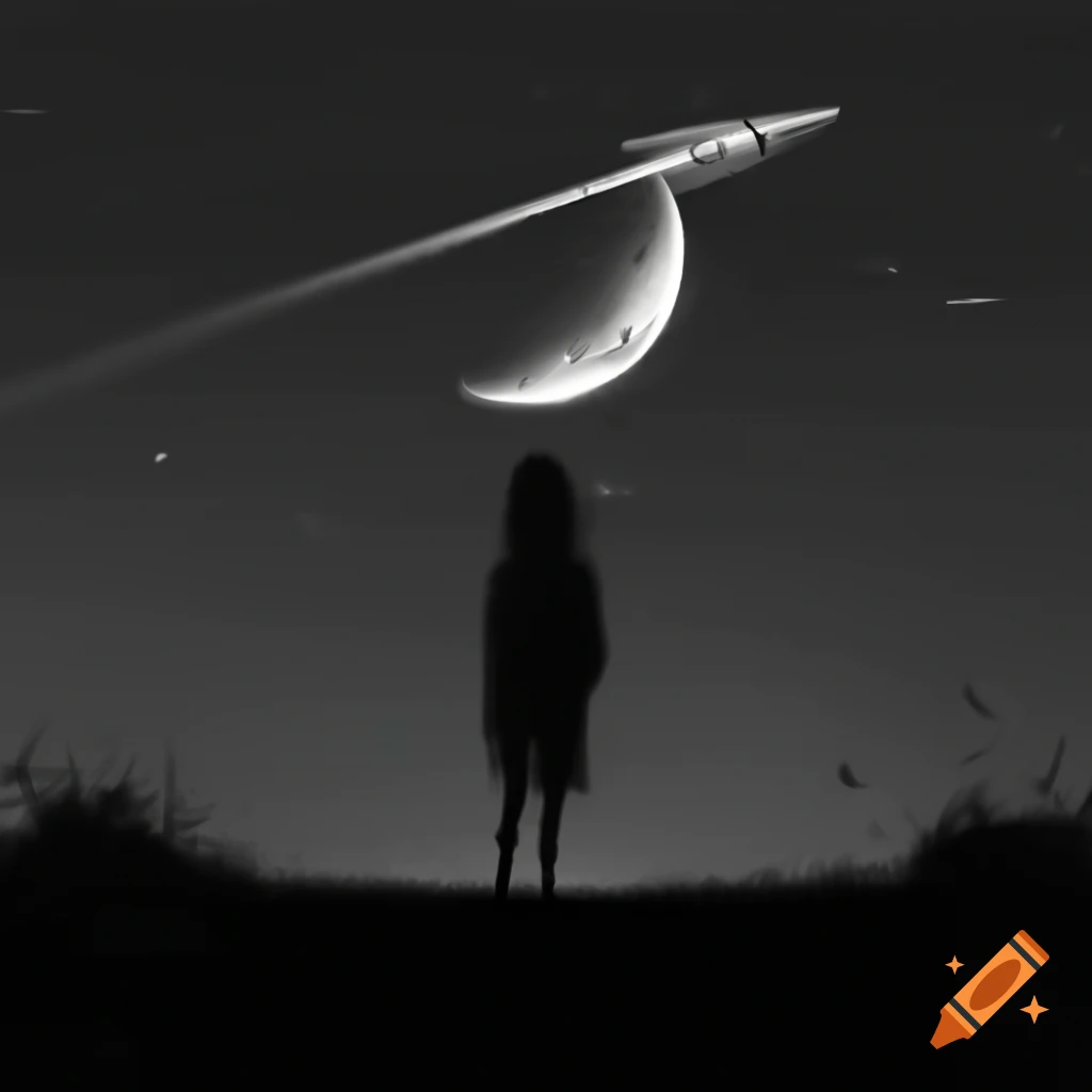 Whimsical line art of airplane silhouette with full moon and stars