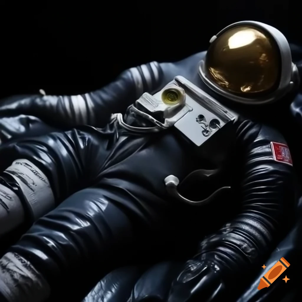 Female astronaut in glossy black suit reaching for pressure valve, in spacecraft
