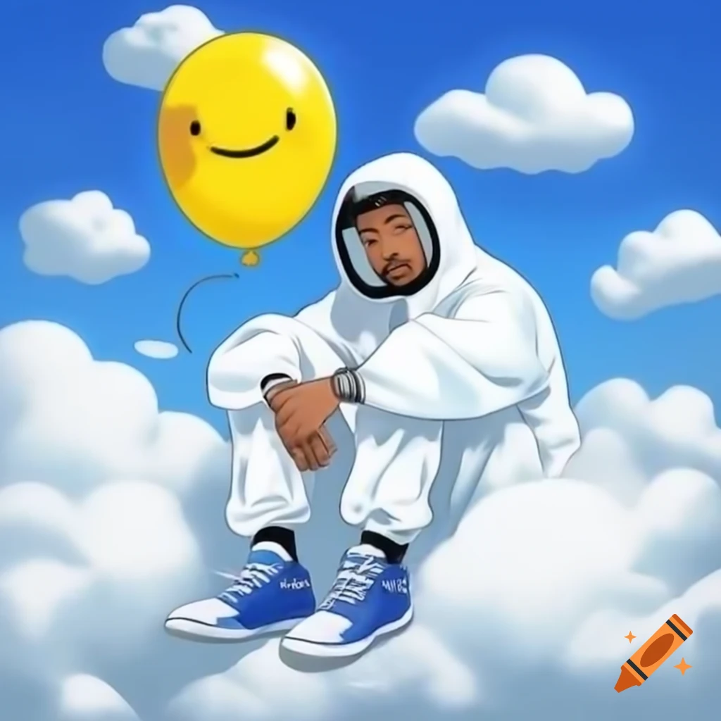 Rapper in hazmat suit sitting on clouds holding yellow balloon