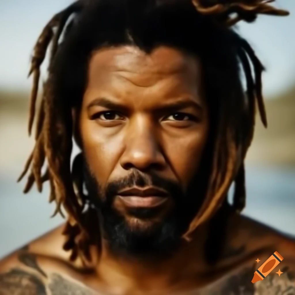 Portrait of Denzel Washington with dreadlocks and tattoos