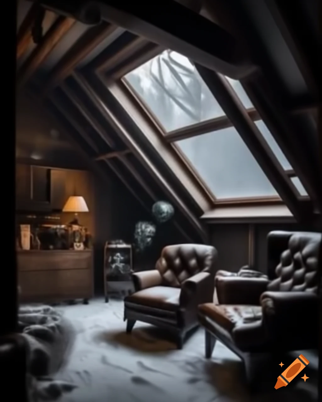 Cozy spacious loft with leather armchair and snowstorm outside, moody aesthetic