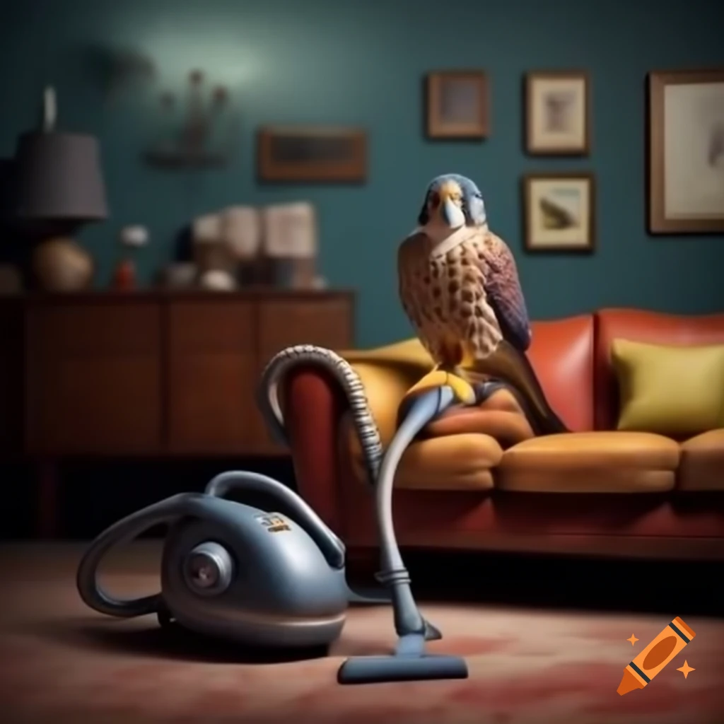 Kestrel cleaning 1950s living room with vacuum cleaner in photo realistic style
