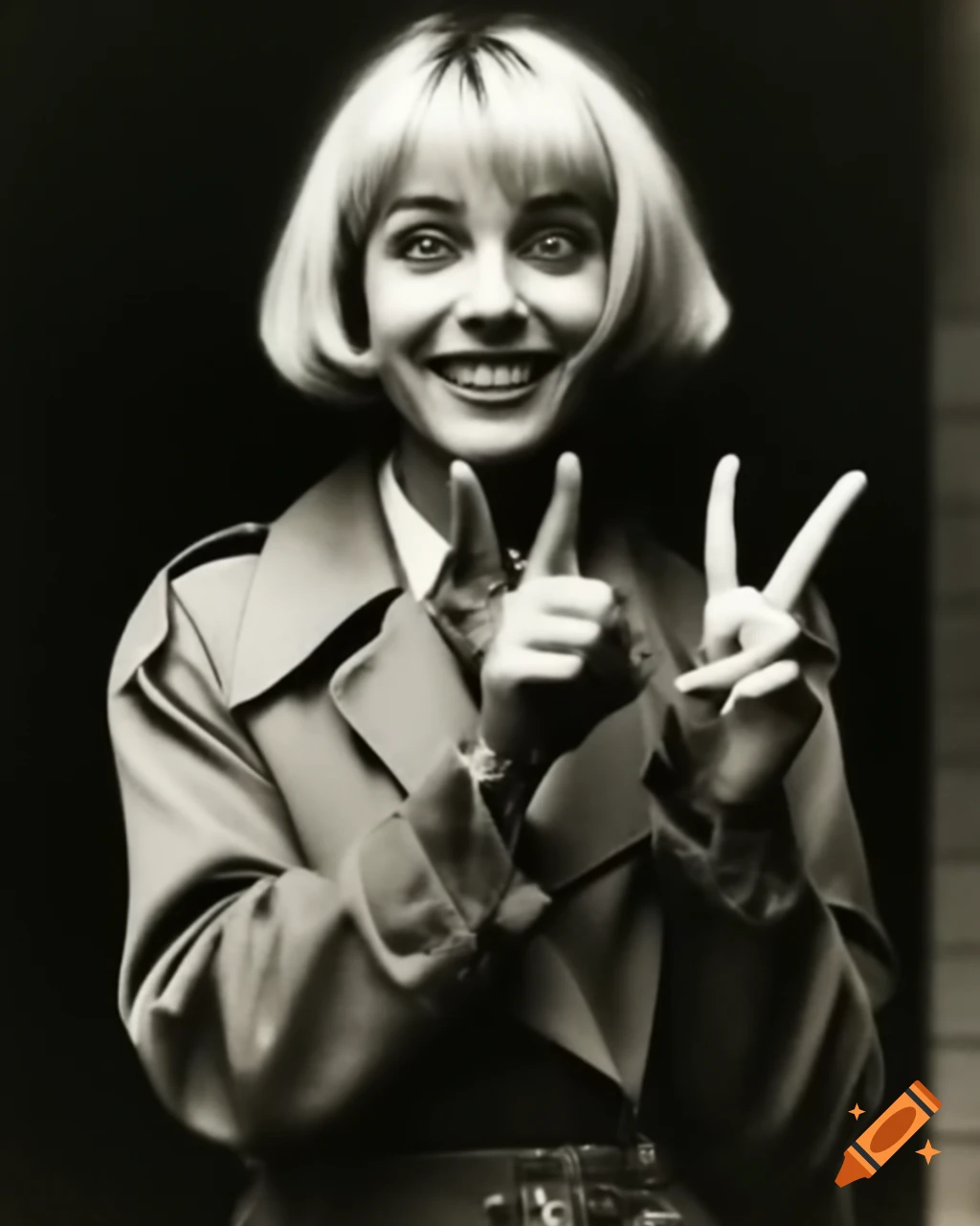 Award-winning vintage photo of actress resembling Miku Hatsune with retro 1960 hairstyle making peace sign