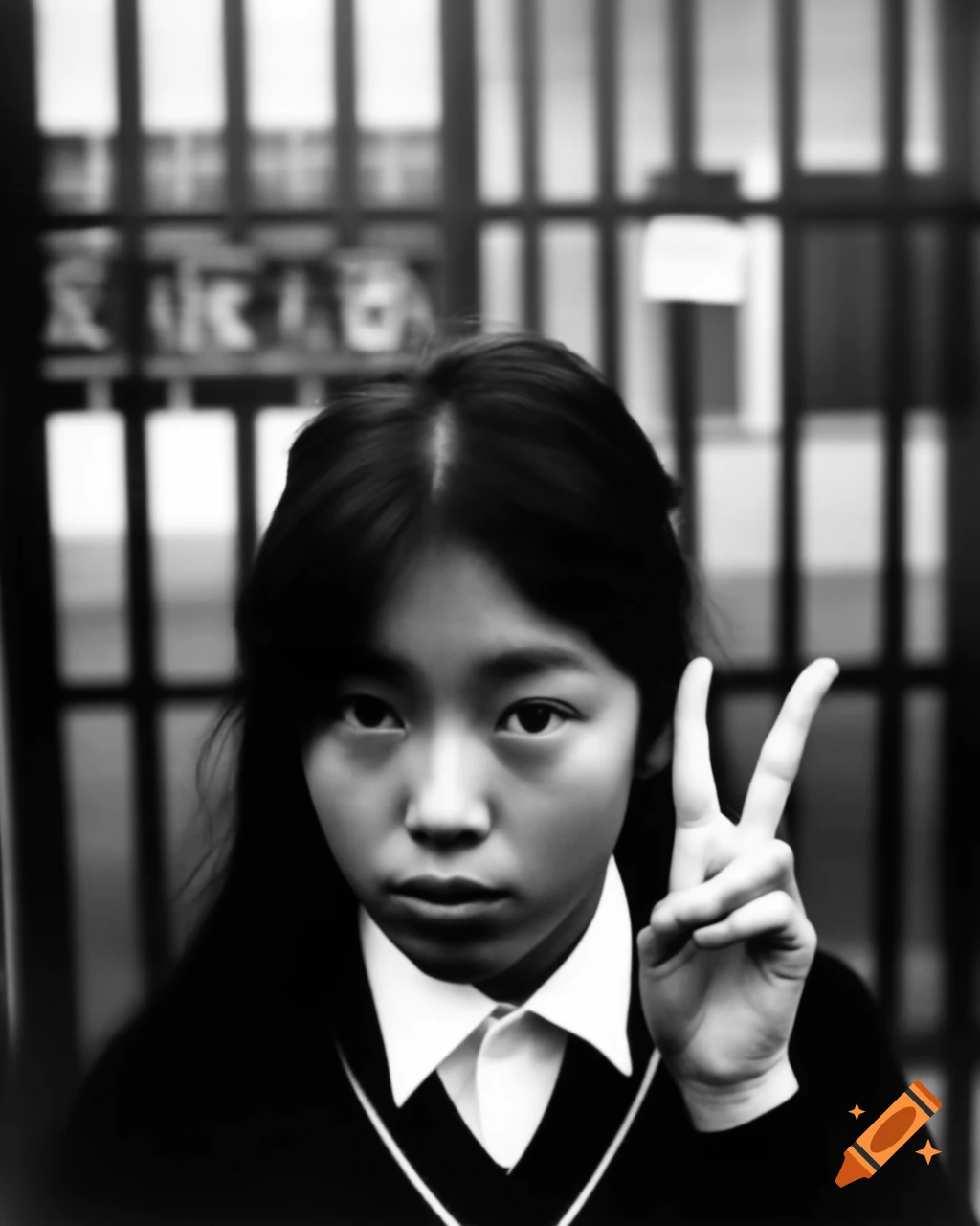 Vintage 1990 Portrait Of Japanese Female Art Student With Peace Sign In vintage-1990-portrait-of-japanese-female-art-student-with-peace-sign-in