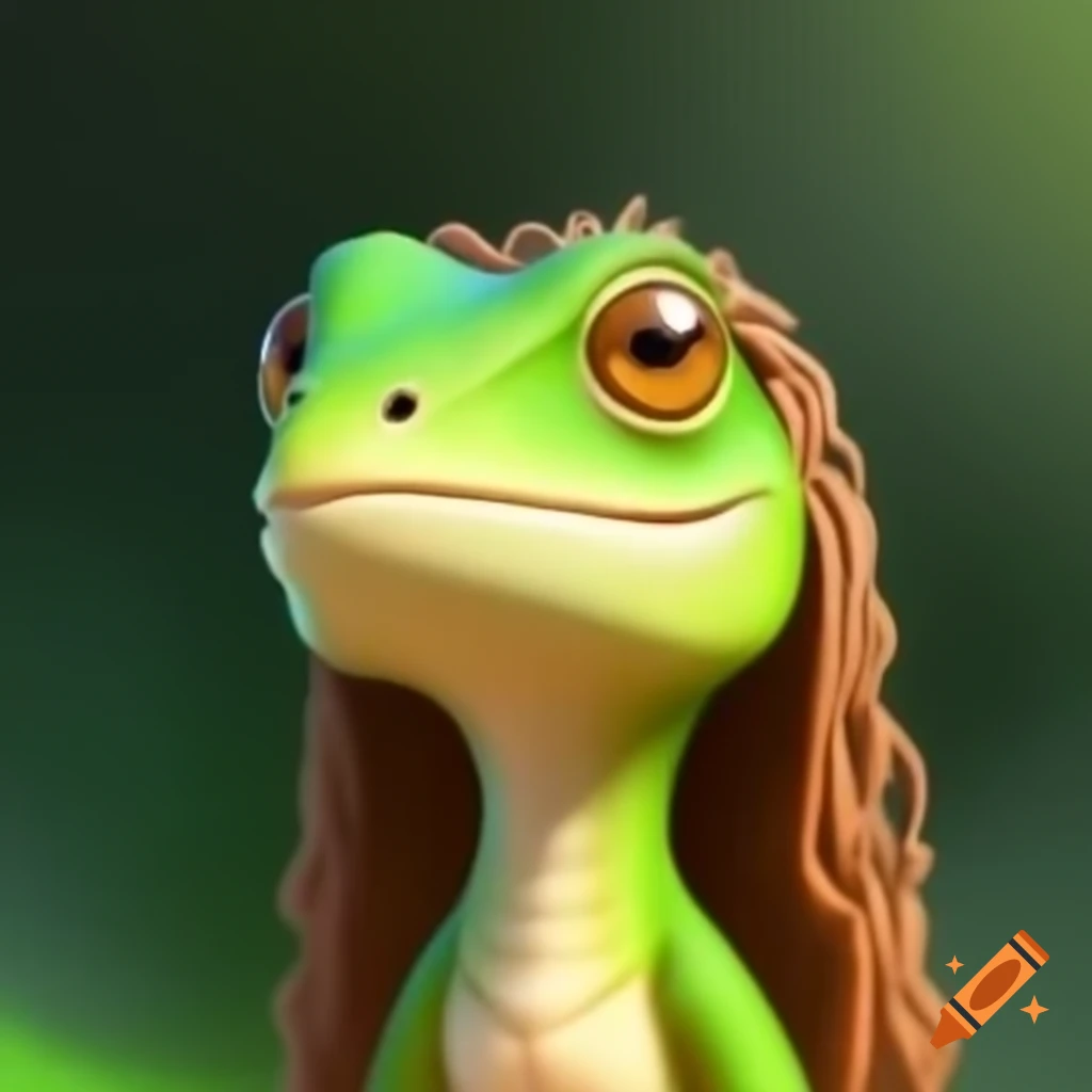 Cartoon female lizard with long hair covering one eye
