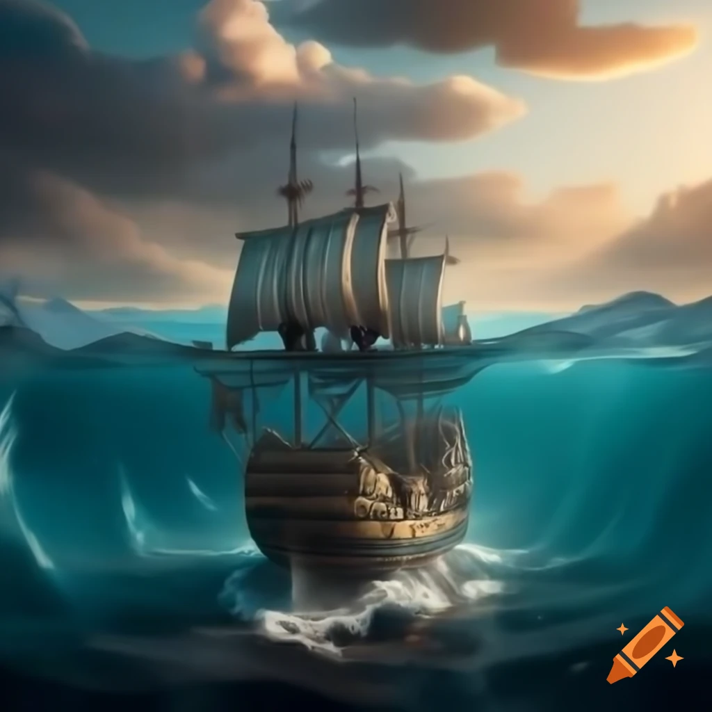 Detailed pirate galleon sailing into sunrise in surreal colorful style