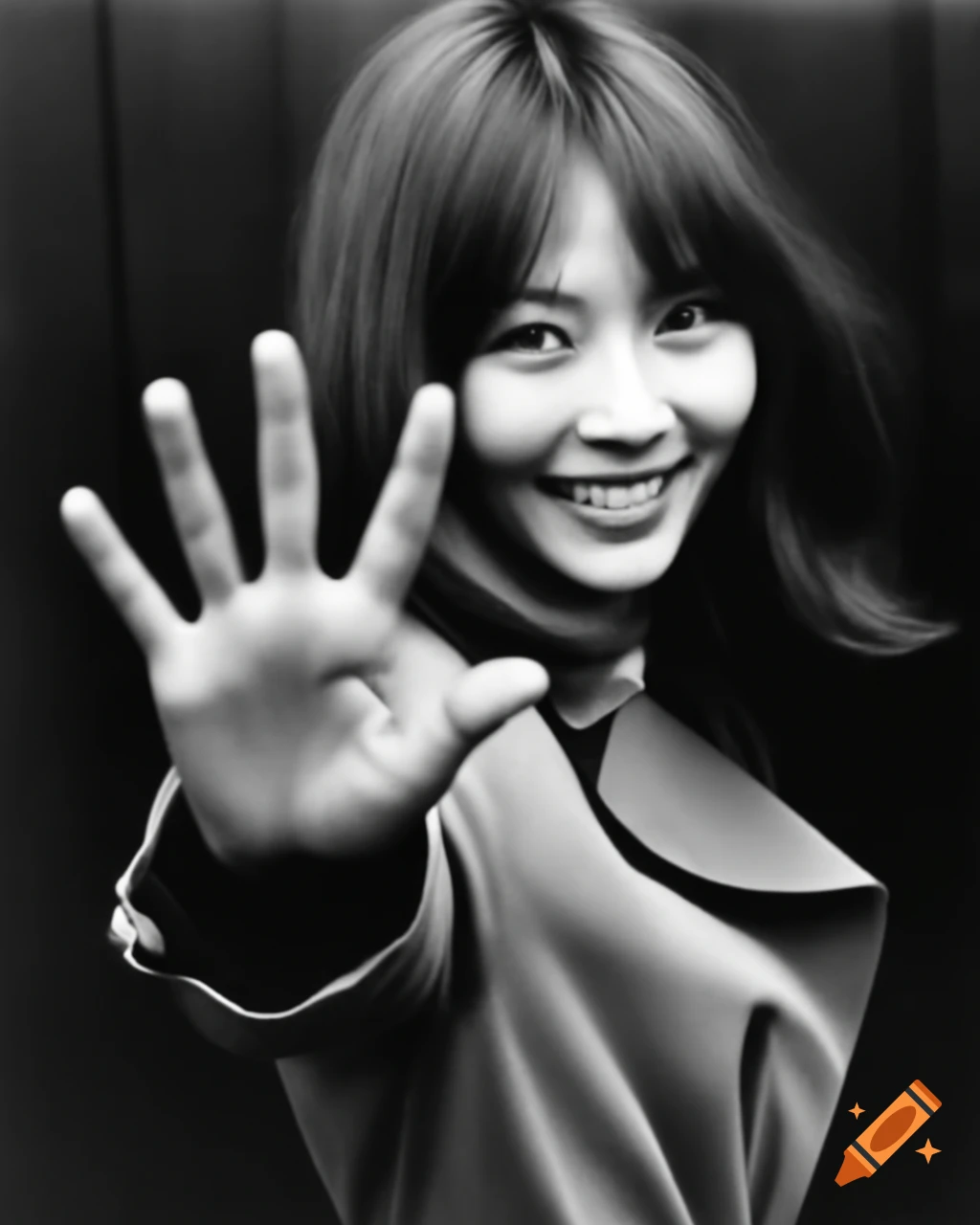 Award-winning vintage paparazzi photo of Asuka Langley actress making peace sign