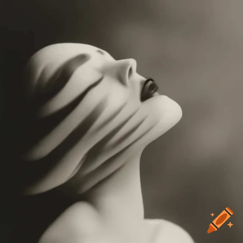 Surrealist artwork in white, black, grey, and sepia tones