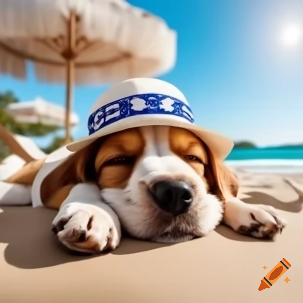 Sleepy puppy in Greek hat under parasol at sunny beach with palm trees