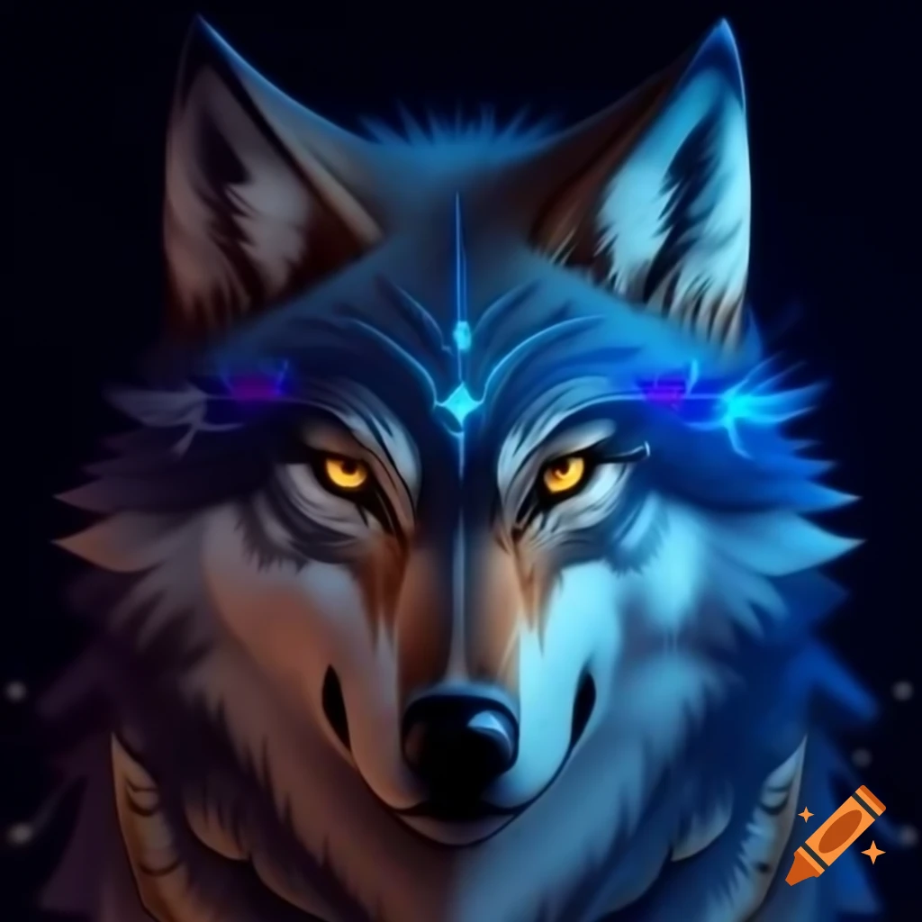 Wolf with a scar over its eye and glowing blue magical patterns