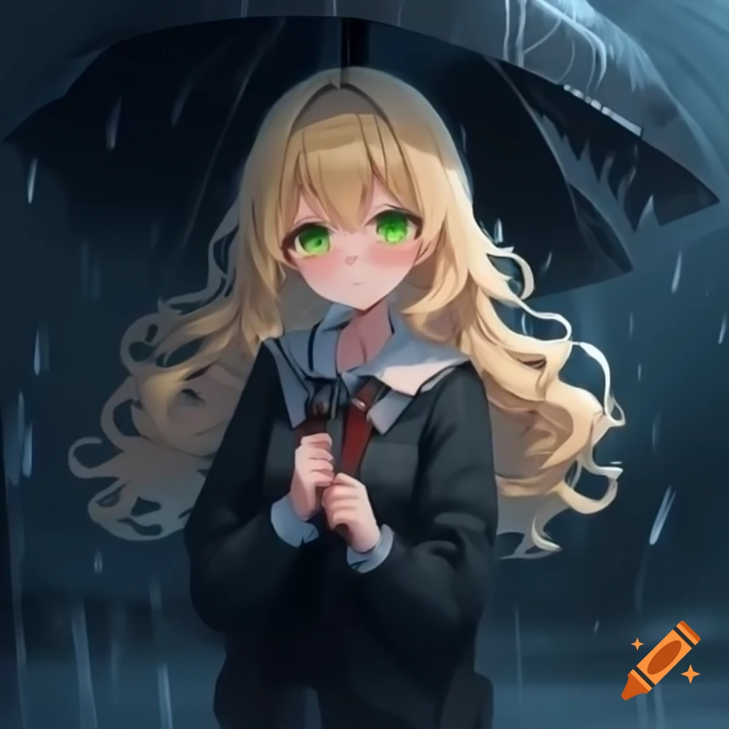 Anime girl with blonde waves and dark green eyes holding umbrella in rain, Scum's Wish art style