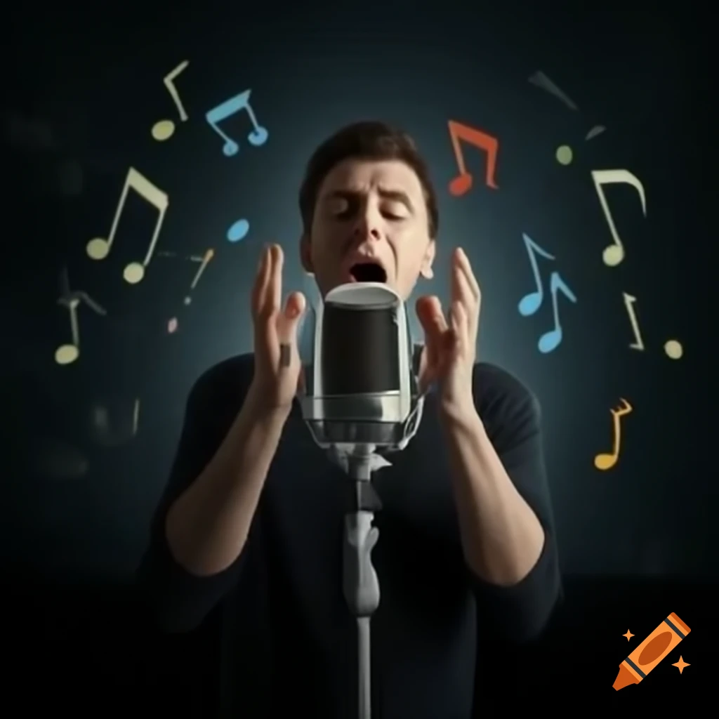 Man singing into microphone with musical notes backdrop, evoking nostalgia