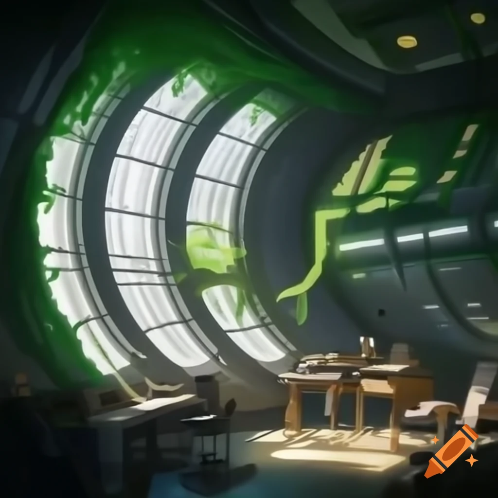 Art studio inside spaceship with oval windows and ivy-covered walls
