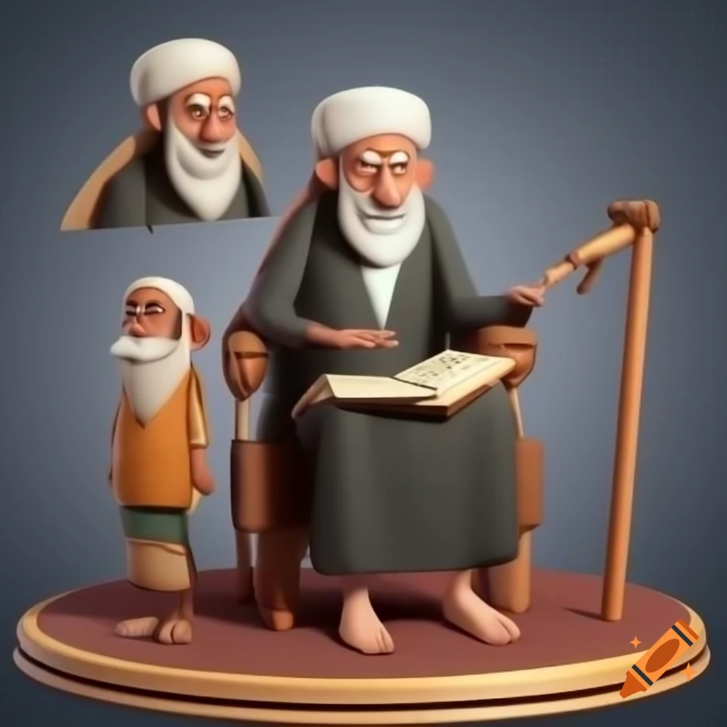 3D render of Arabic muslim old man in multiple poses, character sheet