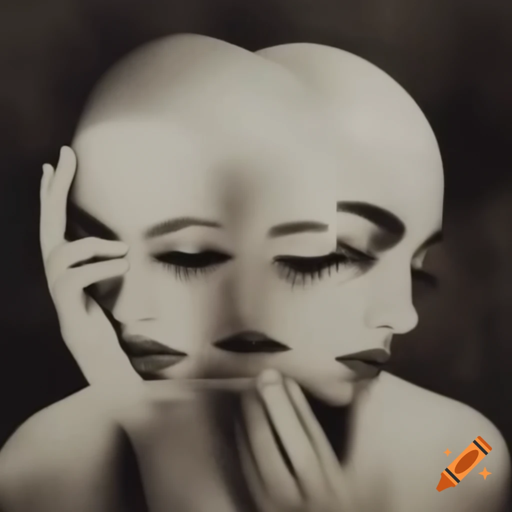 Surrealist artwork featuring a monochrome palette of white, black, and grey with sepia tones