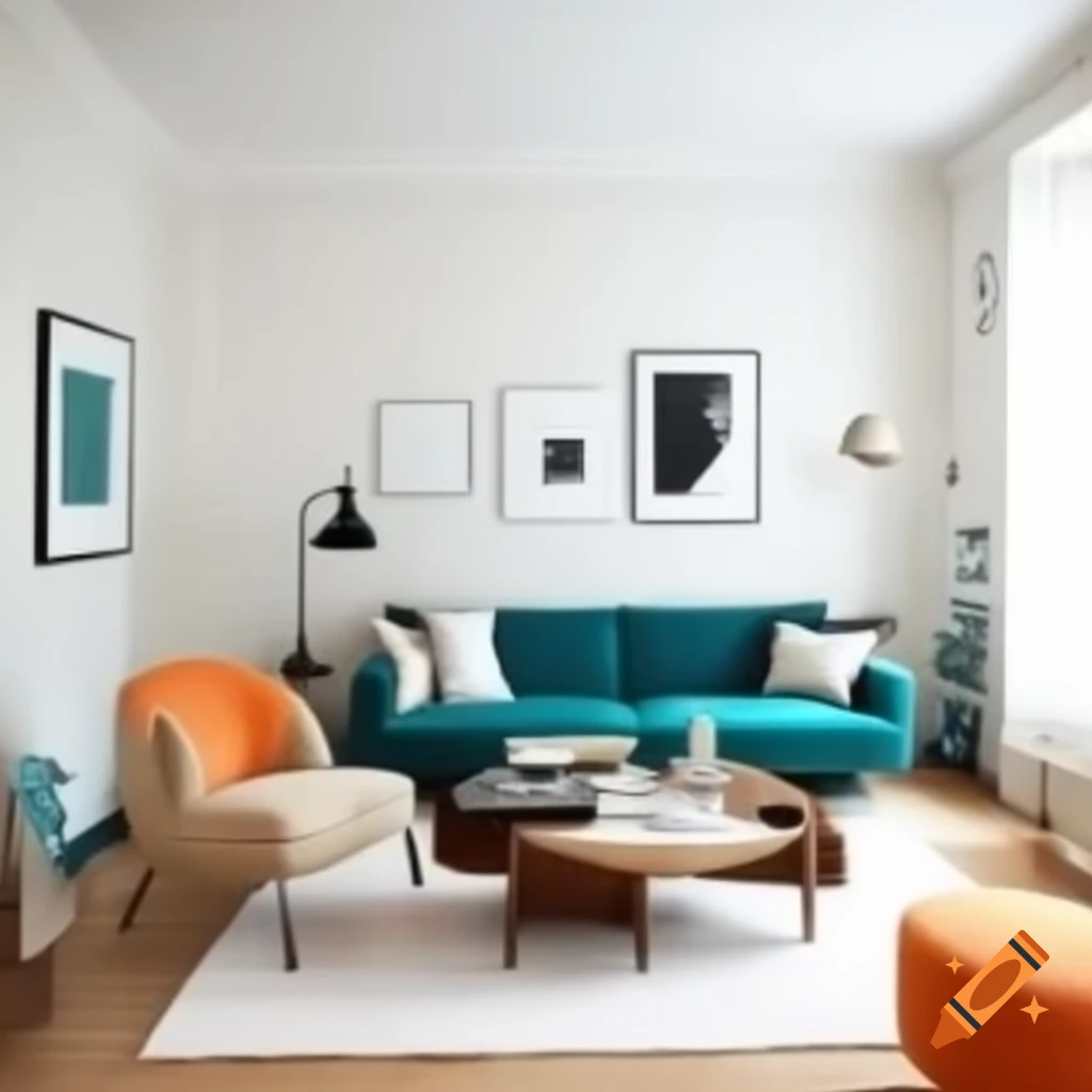 Minimalist chic apartment living room with teal couch and beige-orange decor
