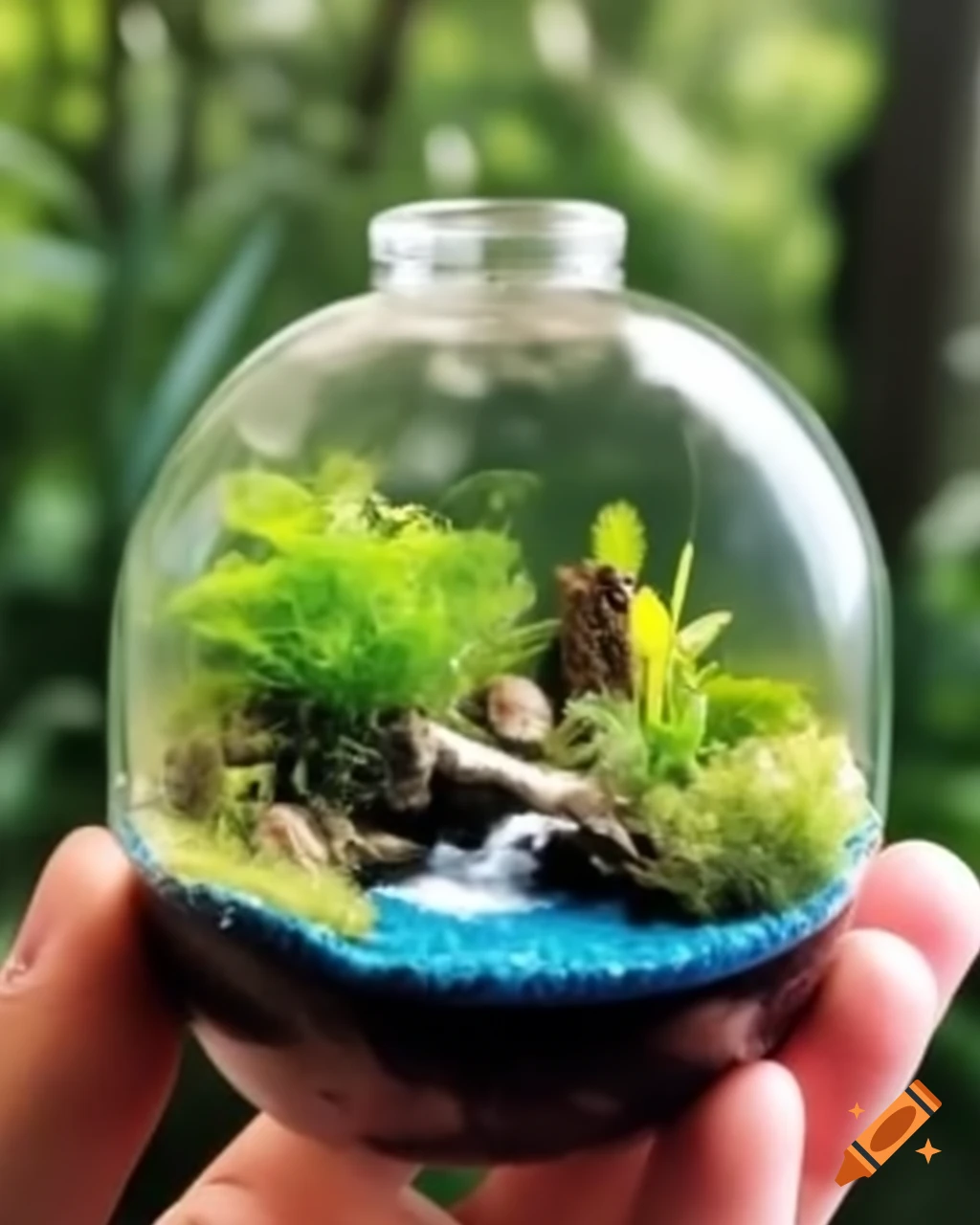 Ecosystem terrarium featuring vegetation and miniature lake