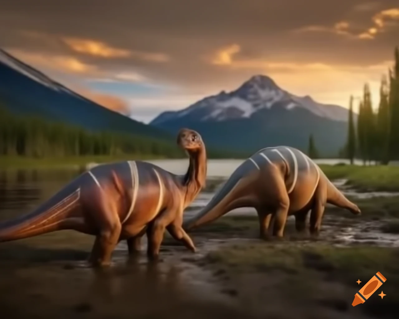 Hadrosaurus trio on muddy lake bank in warm golden hour light