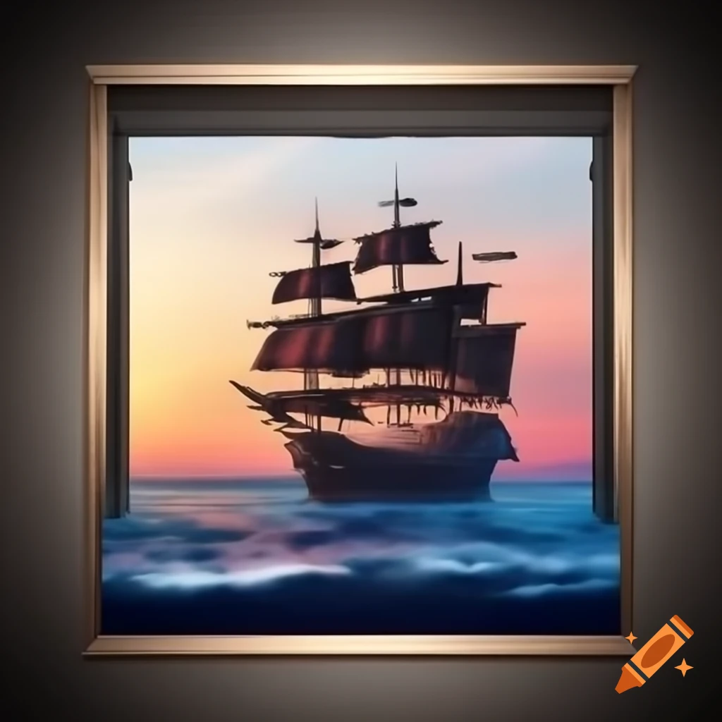 Surreal pirate galleon sailing into sunrise on vibrant sea, poster art