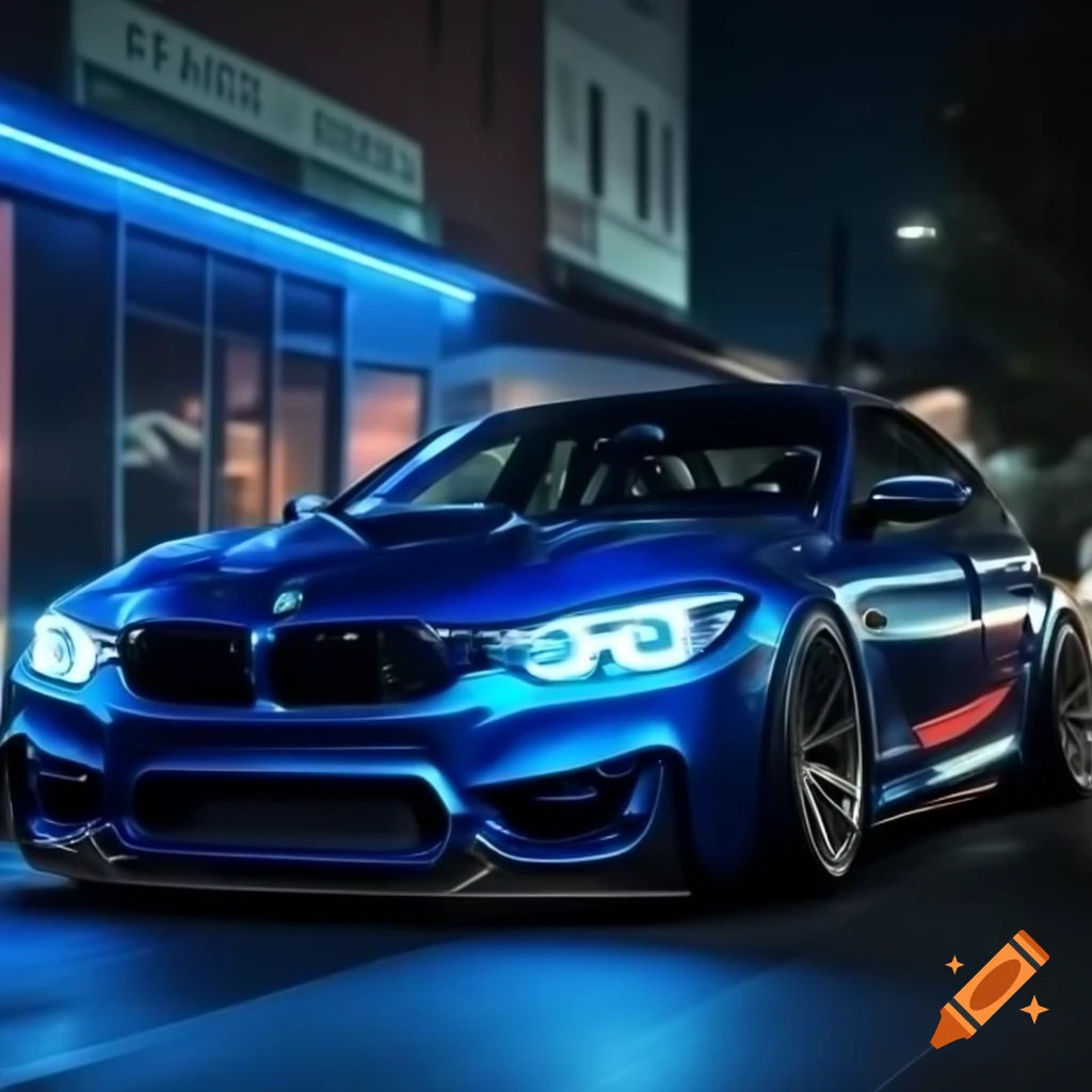 Blue BMW M5 illuminated by blue neon lights at night