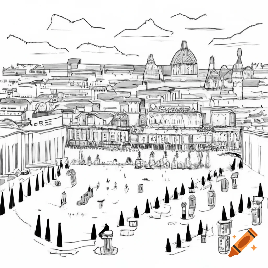 Panoramic line drawing of ancient Rome featuring Colosseum, Pantheon, and Forum