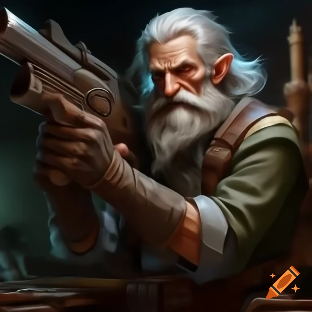 Older fantasy engineer designing weapon with intricate details