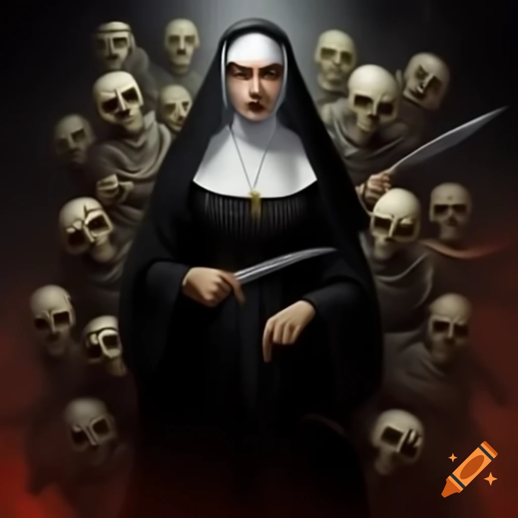 Gothic nun battling beasts with a small knife in eerie setting
