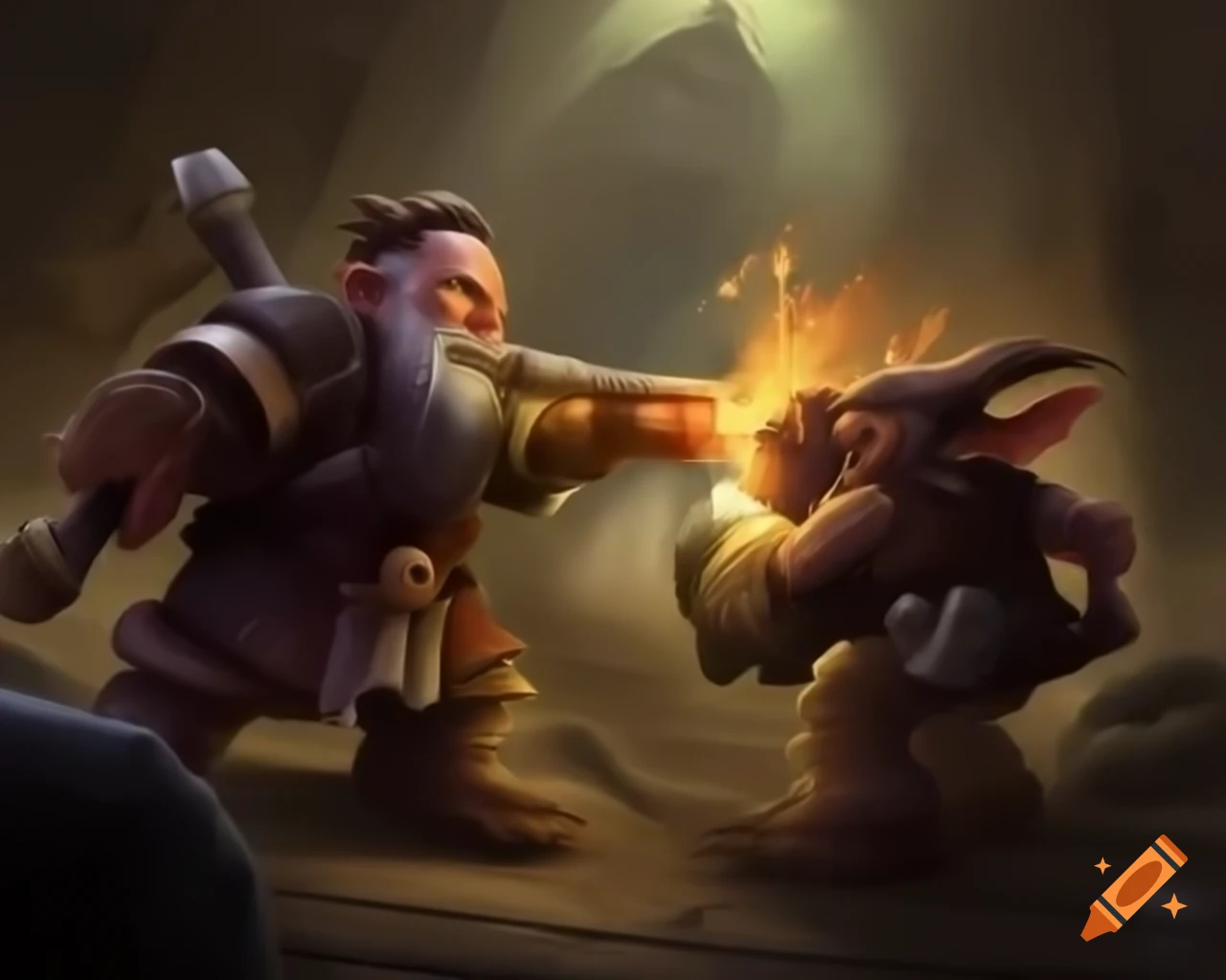 Dwarf fighter engaged in battle with goblin