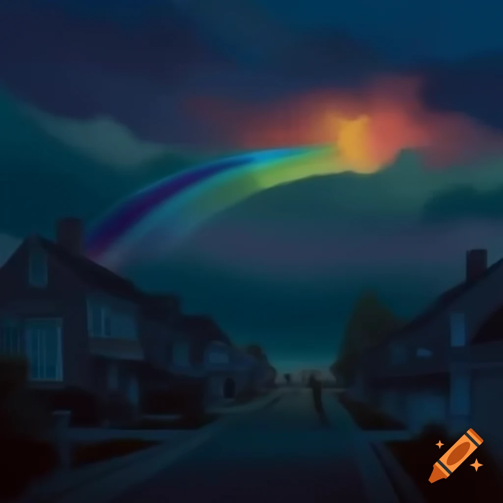 Gloomy suburbs under ethereal rainbow in digital art