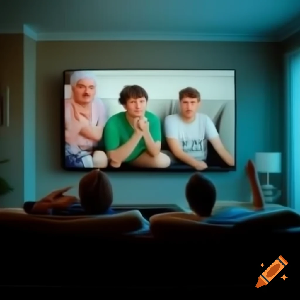 Modern living room with TV displaying Friends scene and two young men on couch