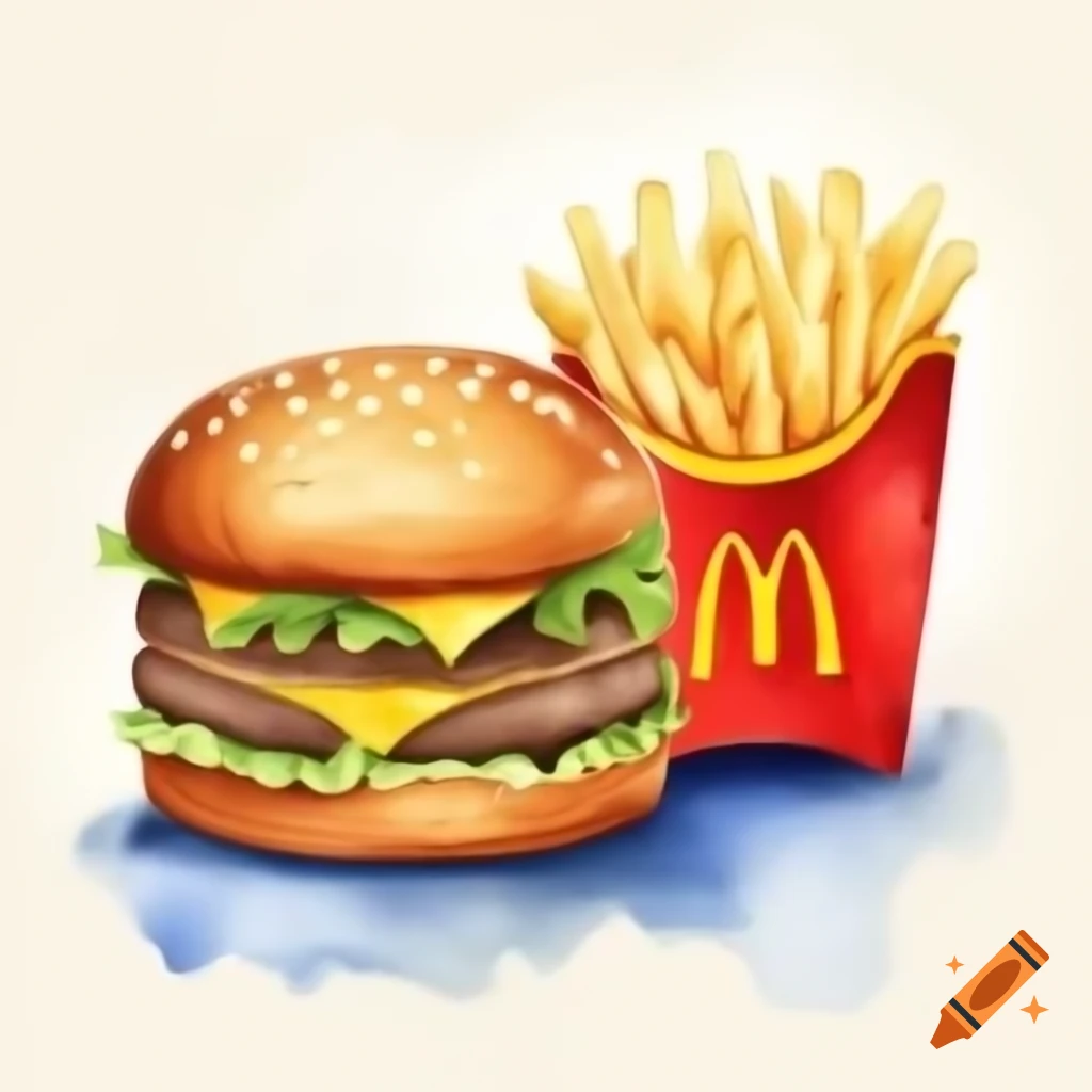 Watercolor painting of hamburger and fries from McDonald's