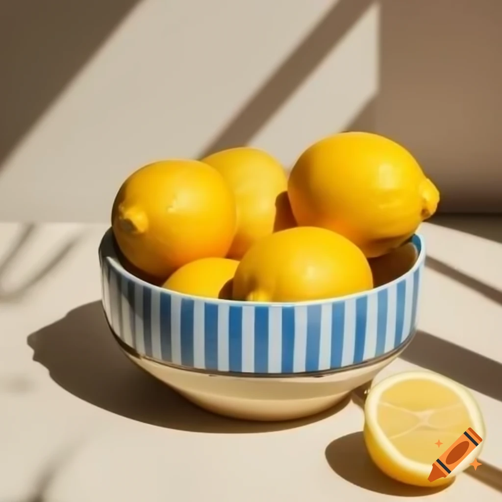 Three lemons in blue and white bowl with sliced lemon on sunlit table